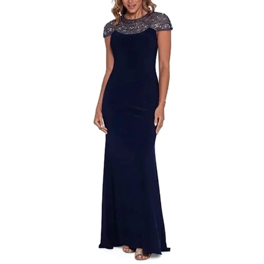 Betsy Adam Navy Embellished Shoulder Evening Gown